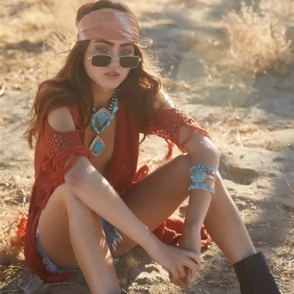 SOLD OUT Rust Crochet Boho Long Duster Knit Sweater Wrap - Picture 2 of 3